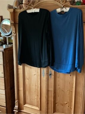 Set of 2 Casual Long-Sleeve Crewneck Tops in Black and Blue